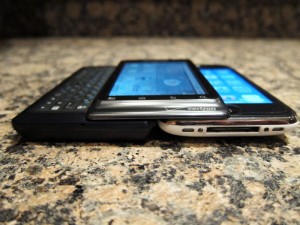 The iPhone 3G underneath the Motorola Droid 2 Global screen